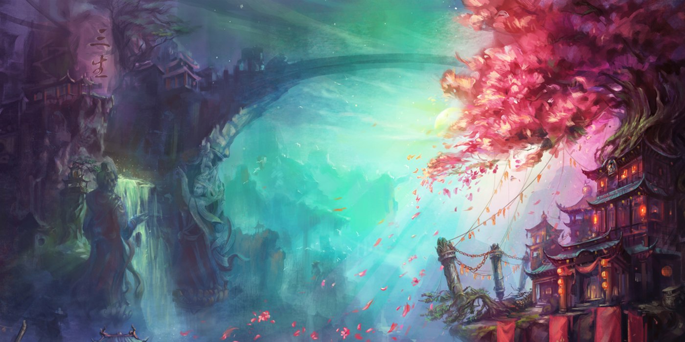 桃花与古树掩映的寻仙山海奇境原画